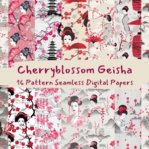 Può includere: Un pacchetto di carta digitale con 16 motivi senza cuciture che presentano fiori di ciliegio, geishe e architettura giapponese in tonalità di rosa, rosso, nero e bianco. Cherryblossom Geisha 16 Pattern Seamless Digital Papers.