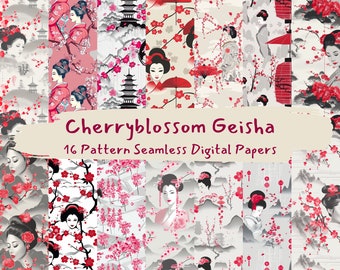 Cherryblossom Geisha Pattern Seamless Digital Papers - printable scrapbook paper instant download, commercial use, 300dpi