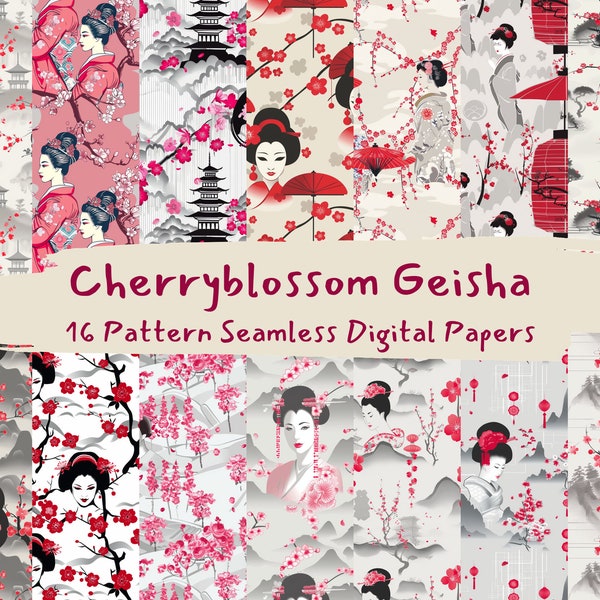 Cherryblossom Geisha Pattern Seamless Digital Papers - printable scrapbook paper instant download, commercial use, 300dpi