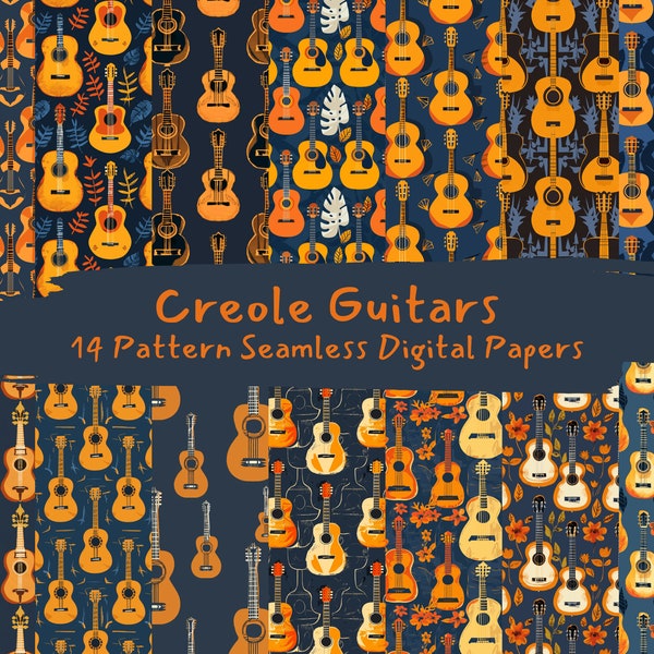 Creole Guitars Pattern Seamless Digital Papers - printable scrapbook paper instant download, commercial use, 300dpi