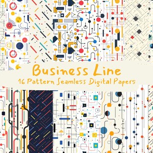 Peut inclure: Un ensemble de 16 motifs de papier numérique présentant des formes géométriques, des lignes et des cercles dans une variété de couleurs, notamment le rouge, le bleu, le jaune et le noir. Les motifs sont sans couture et peuvent être utilisés pour une variété de projets, tels que le scrapbooking, la fabrication de cartes et la conception numérique. "Business Line" est écrit en jaune en haut de l'image.