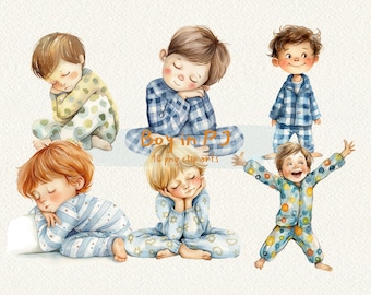 Boy in Pajamas digital printable clipart bundle in PNG format transparent background instant download for commercial use