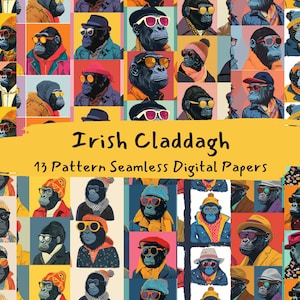 Op de afbeelding: Een digitaal papierpakket met 13 naadloze patronen met kleurrijke illustraties van apen die zonnebrillen, hoeden en andere accessoires dragen. De tekst "Irish Claddagh" en "13 Pattern Seamless Digital Papers" wordt weergegeven op een gele banner.