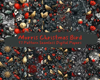 Morris Christmas Bird Pattern Seamless Digital Papers - printable scrapbook paper png instant download commercial use 300dpi