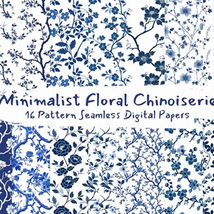May include: A set of 16 digital papers featuring minimalist floral chinoiserie patterns in blue and white. The patterns are seamless and can be used for a variety of projects, such as scrapbooking, card making, and digital design.