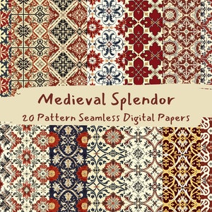 Könnte beinhalten: Ein Set mit 20 digitalen Papieren mit nahtlosen Mustern, inspiriert von mittelalterlicher Architektur. Die Muster sind filigran und farbenfroh, mit einer Mischung aus Rot, Blau, Gelb und Weiß. Die Muster sind perfekt für die Erstellung von digitalen Scrapbooking-Projekten, Einladungen und anderen Bastelarbeiten.