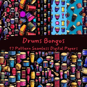 May include: A selection of 17 seamless digital papers showcasing vibrant illustrations of drums and bongos. The designs feature diverse drum styles in blue, red, yellow, and purple hues, set against light and dark backgrounds. The text "Drums Bongos" is displayed.