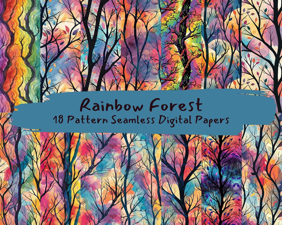 Rainbow Forest Pattern Seamless Digital Papers - Printable Scrapbook ...