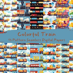 May include: A set of 13 digital papers featuring colourful watercolor illustrations of trains. The papers are seamless and can be used for scrapbooking, card making, and other craft projects.