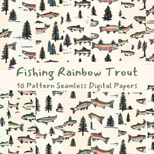 Fishing Rainbow Trout Pattern Seamless Digital Papers - printable scrapbook paper png instant download commercial use 300dpi