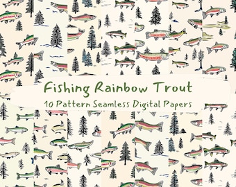 Fishing Rainbow Trout Pattern Seamless Digital Papers - printable scrapbook paper png instant download commercial use 300dpi