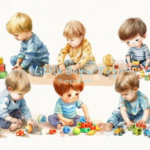 Kleiner Junge mit Spielzeug digital druckbare Clipart-Bundle im PNG-Format transparenten Hintergrund-Sofort-Download für kommerzielle Nutzung