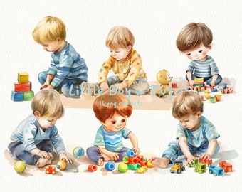 Little Boy w Toy digital printable clipart bundle in PNG format transparent background instant download for commercial use