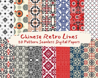 Chinese Retro Lines Pattern Seamless Digital Papers - printable scrapbook paper instant download for commercial use, 300dpi