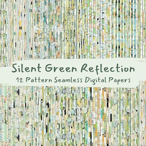 Pode incluir: Um pacote de papel digital com 12 padrões sem costura que apresentam um design geométrico verde, azul e amarelo. O texto "Silent Green Reflection" é exibido em uma faixa branca.