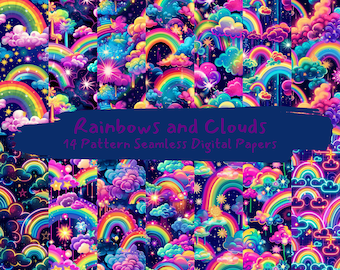 Rainbows and Clouds Pattern Seamless Digital Papers - printable scrapbook paper instant download, commercial use, 300dpi
