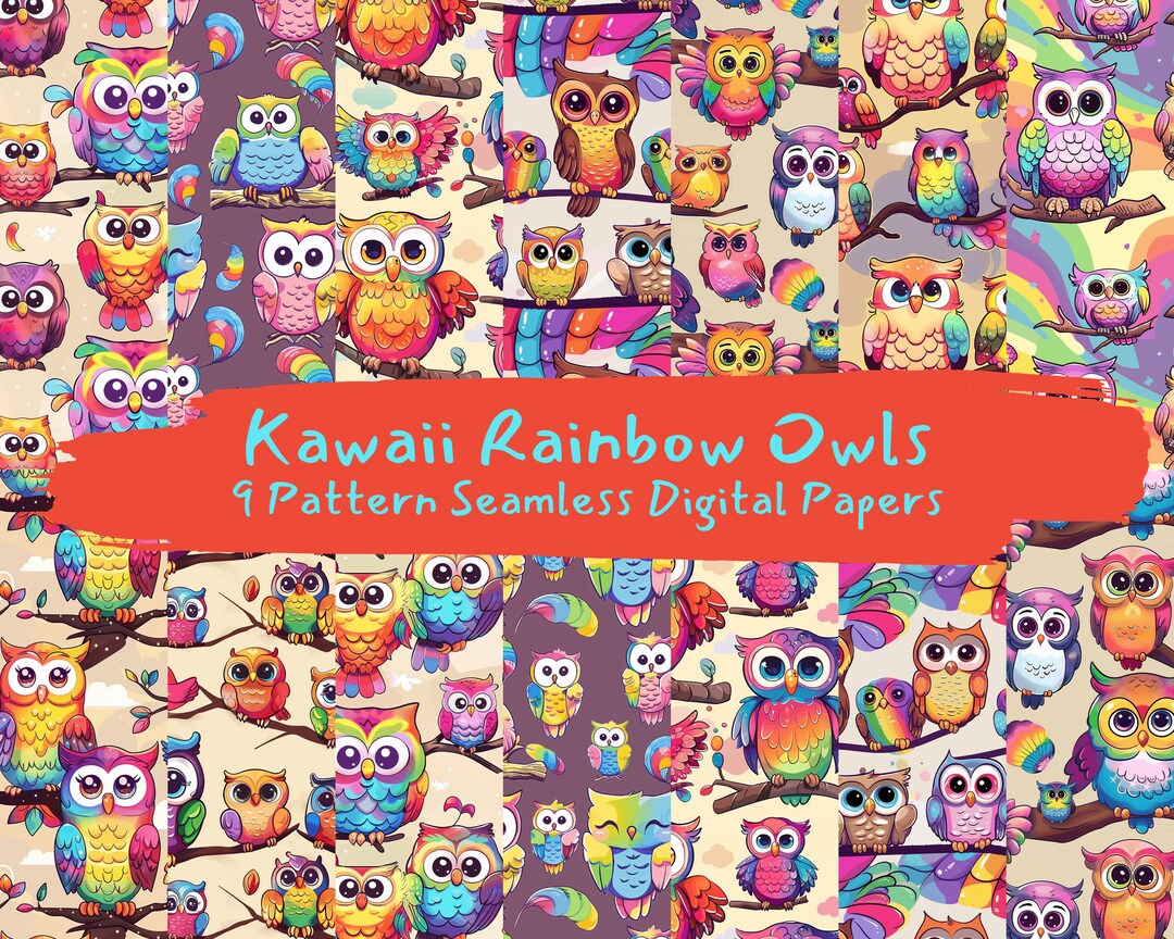 Kawaii Rainbow Owls Pattern Seamless Digital Papers - Printable ...
