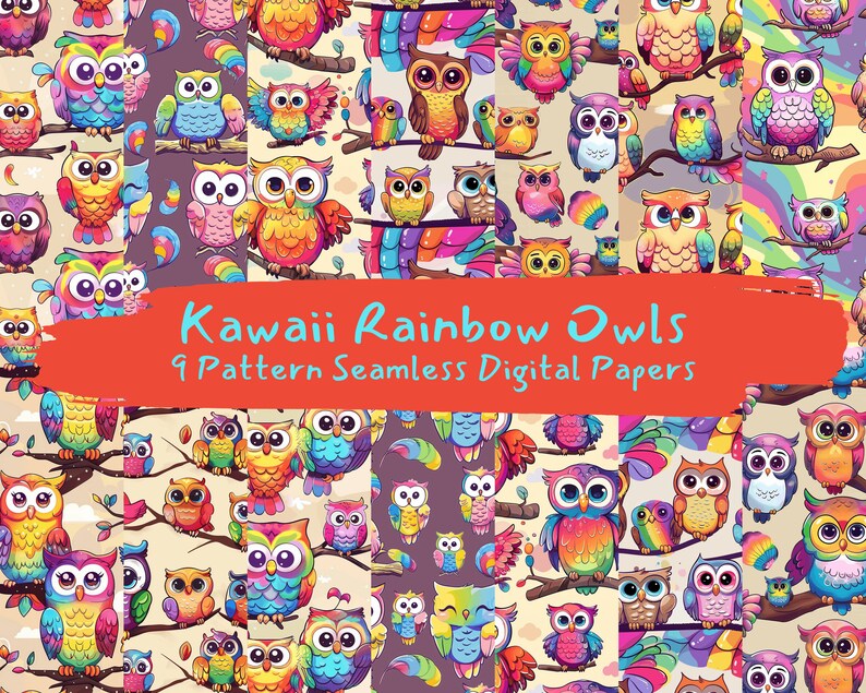 Kawaii Rainbow Owls Pattern Seamless Digital Papers - Printable ...