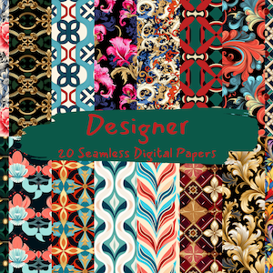 May include: A collection of 20 digital papers featuring seamless patterns in various styles. The patterns include floral, geometric, and abstract designs in vibrant colours like red, blue, green, and gold.