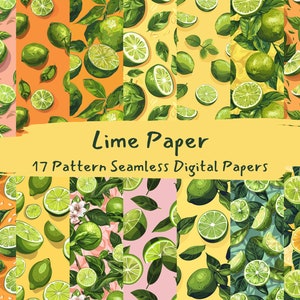 May include: A digital paper pack with 17 seamless patterns featuring lime fruit illustrations. The patterns are in various colors, including green, yellow, and pink. The text "Lime Paper" and "17 Pattern Seamless Digital Papers" is displayed on a yellow banner.