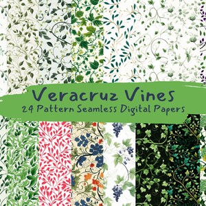 May include: A digital paper pack with 24 seamless patterns featuring green vines and leaves on a white background. The text "Veracruz Vines 24 Pattern Seamless Digital Papers" is displayed on a green background.