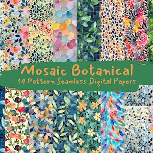 May include: A set of 14 digital paper designs featuring mosaic botanical patterns. The patterns include flowers, leaves, and geometric shapes in a variety of colours, including blue, green, yellow, and pink.