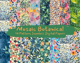 Mosaic Botanical Pattern Seamless Digital Papers - tile patterns printable scrapbook paper instant download for commercial use, 300dpi