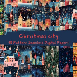 Christmas city Pattern Seamless Digital Papers - printable scrapbook paper png instant download commercial use 300dpi