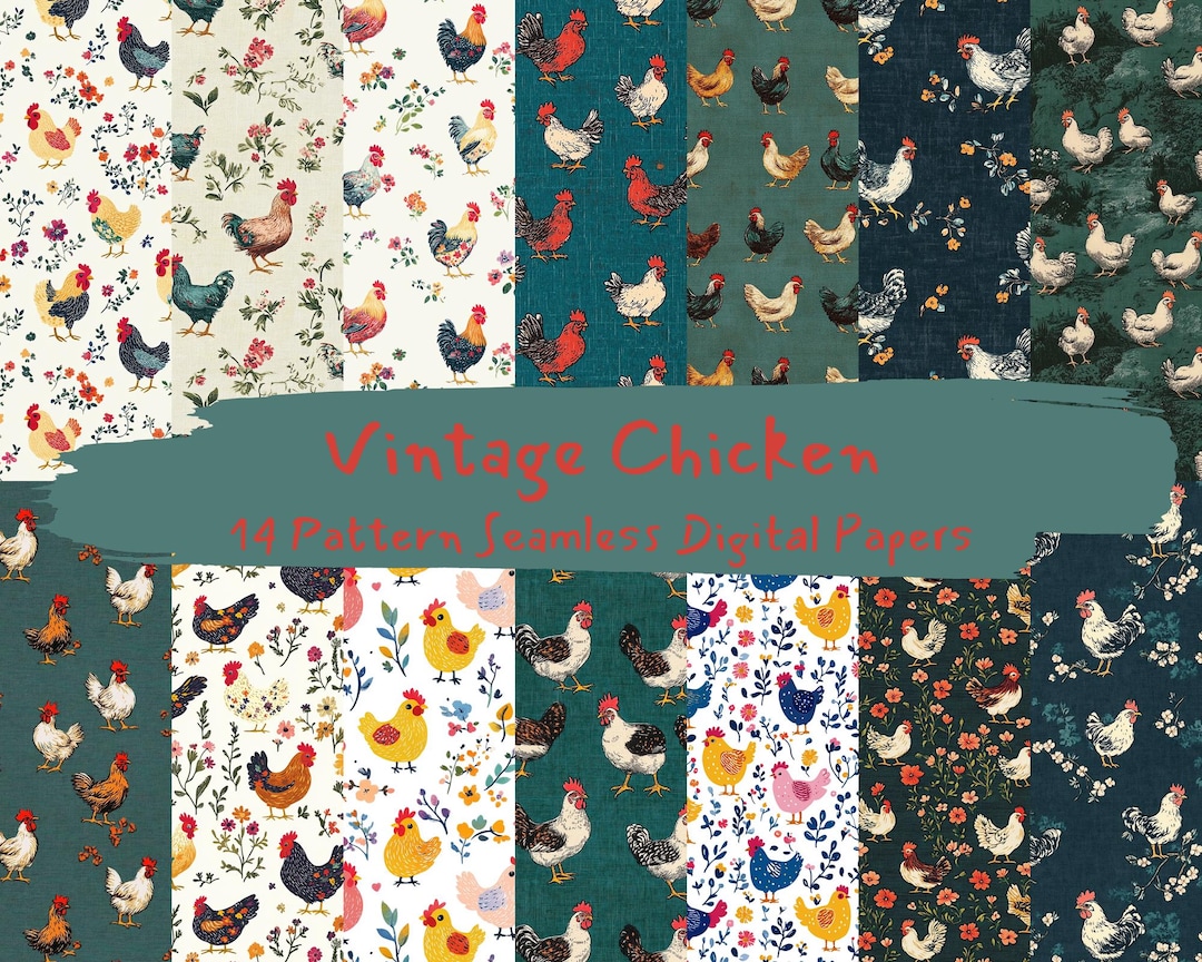 Vintage Chicken Pattern Seamless Digital Papers - Printable Scrapbook ...