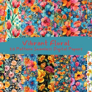 Papeles digitales sin costuras con estampado floral vibrante: papel para álbum de recortes imprimible, descarga instantánea, uso comercial, 300 ppp