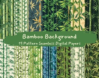 May include: A collection of 19 seamless digital paper patterns featuring various designs of green bamboo stalks. The patterns are perfect for crafting, scrapbooking, and digital design projects.
