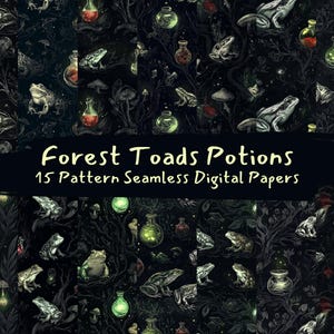 Könnte beinhalten: Digitales Papier-Set mit dunklem Hintergrund, das Illustrationen von Fröschen, Pilzen und Zaubertränken zeigt. Der Text "Forest Toads Potions" und "15 Pattern Seamless Digital Papers" wird auf einem schwarzen Banner angezeigt.