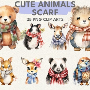 スカーフを巻いたかわいい動物たち、PNG 形式の透明なデジタル印刷可能なクリップ アート グラフィック 25 点、商用利用に即時ダウンロード可能。カード作成