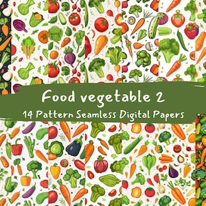 Peut inclure: Un ensemble de 14 motifs de papier numérique représentant des légumes de dessin animé colorés, notamment des carottes, des tomates, des poivrons, des brocolis et bien plus encore. Les motifs sont sans couture et peuvent être utilisés pour une variété de projets créatifs.