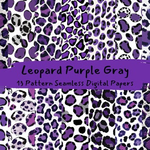 Puede incluir: Un conjunto de 13 papeles digitales con patrones de estampado de leopardo morado y gris. Los patrones son sin costuras y se pueden utilizar para una variedad de proyectos de manualidades.