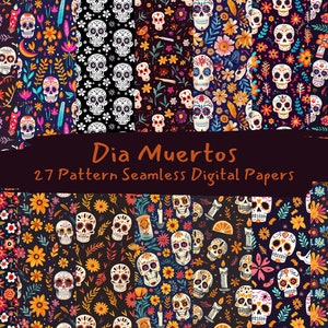 Papéis digitais sem costura padrão Dia Muertos - papel de scrapbook para impressão, download instantâneo, uso comercial, 300dpi