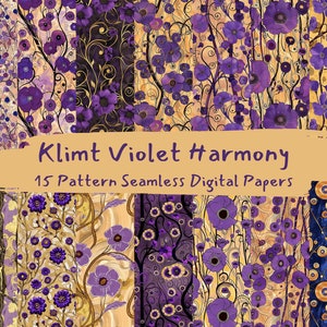 Puede incluir: Un conjunto de 15 papeles digitales con motivos florales. Los diseños presentan flores moradas y detalles dorados sobre varios fondos. El texto "Klimt Violet Harmony" y "15 Pattern Seamless Digital Papers" se muestra en una pancarta beige.