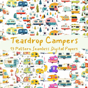 Teardrop Campers Pattern Seamless Digital Papers - tile patterns printable scrapbook paper instant download for commercial use, 300dpi
