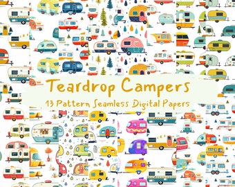 Teardrop Campers Pattern Seamless Digital Papers - tile patterns printable scrapbook paper instant download for commercial use, 300dpi