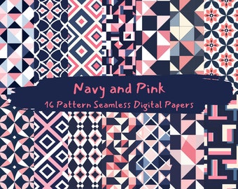 Blu scuro e modello rosa Seamless Digital Papers stampabile scrapbook carta spazzatura diario effimeri png download immediato uso commerciale 300dpi