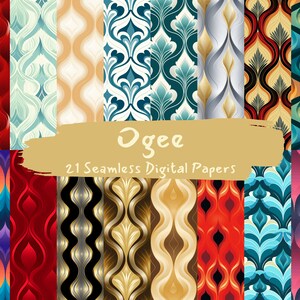 May include: A set of 21 digital papers featuring seamless patterns with an ogee design. The patterns are in various colors, including red, blue, green, yellow, and orange.