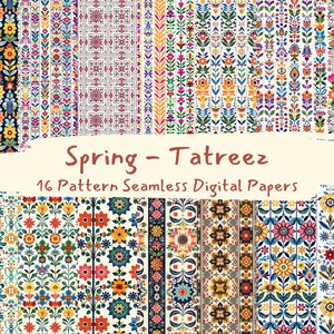Spring - Tatreez Pattern Seamless Digital Papers - printable scrapbook paper png instant download commercial use 300dpi