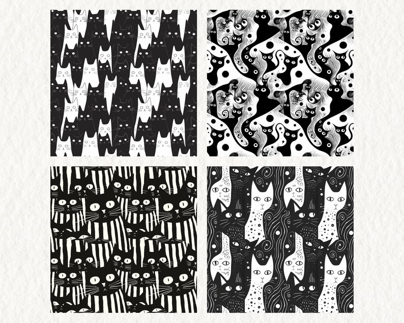 Black White Cat Pattern Seamless Digital Papers - Tile Patterns ...