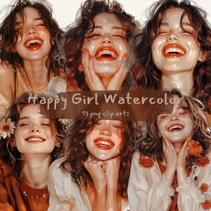 Glückliches Mädchen Aquarell druckbare Clipart, PNG-Format, transparenter Hintergrund, sofortiger Download, kommerzielle Nutzung, 300 dpi