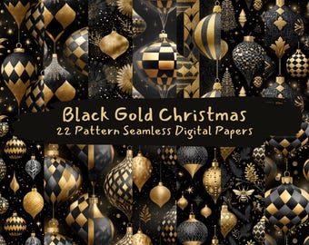 Black Gold Christmas Pattern Seamless Digital Papers - printable scrapbook paper png instant download commercial use 300dpi