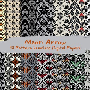 May include: A set of 18 digital papers featuring seamless patterns inspired by Maori arrow designs. The patterns are in black, white, grey, red, orange, and green.
