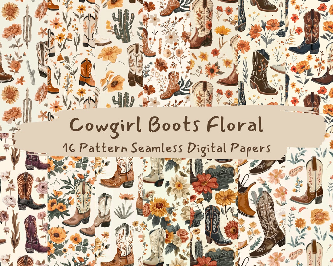 Cowgirl Boots Floral Pattern Seamless Digital Papers - Printable ...