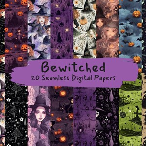 Może przedstawiać: Kolekcja 20 bezszwowych papierów cyfrowych o tematyce Halloween. Projekty przedstawiają wiedźmy, dynie, nietoperze i inne upiorne elementy w różnych paletach kolorów, w tym czarnym, fioletowym i pomarańczowym. Tekst "Bewitched" jest wyświetlany na fioletowym banerze.