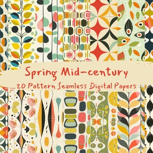 以下が含まれることがあります： 春色のカラーパレットで、ミッドセンチュリーモダンなパターンを特徴とする20種類のデジタルペーパーのセット。パターンには、緑、黄、オレンジ、ピンク、青の色合いの幾何学模様、葉、抽象的なデザインが含まれています。