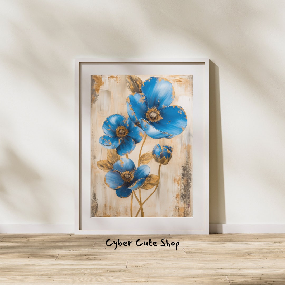 Abstract Blue and Gold Flowers on Beige With Gold Accents - Elegant ...